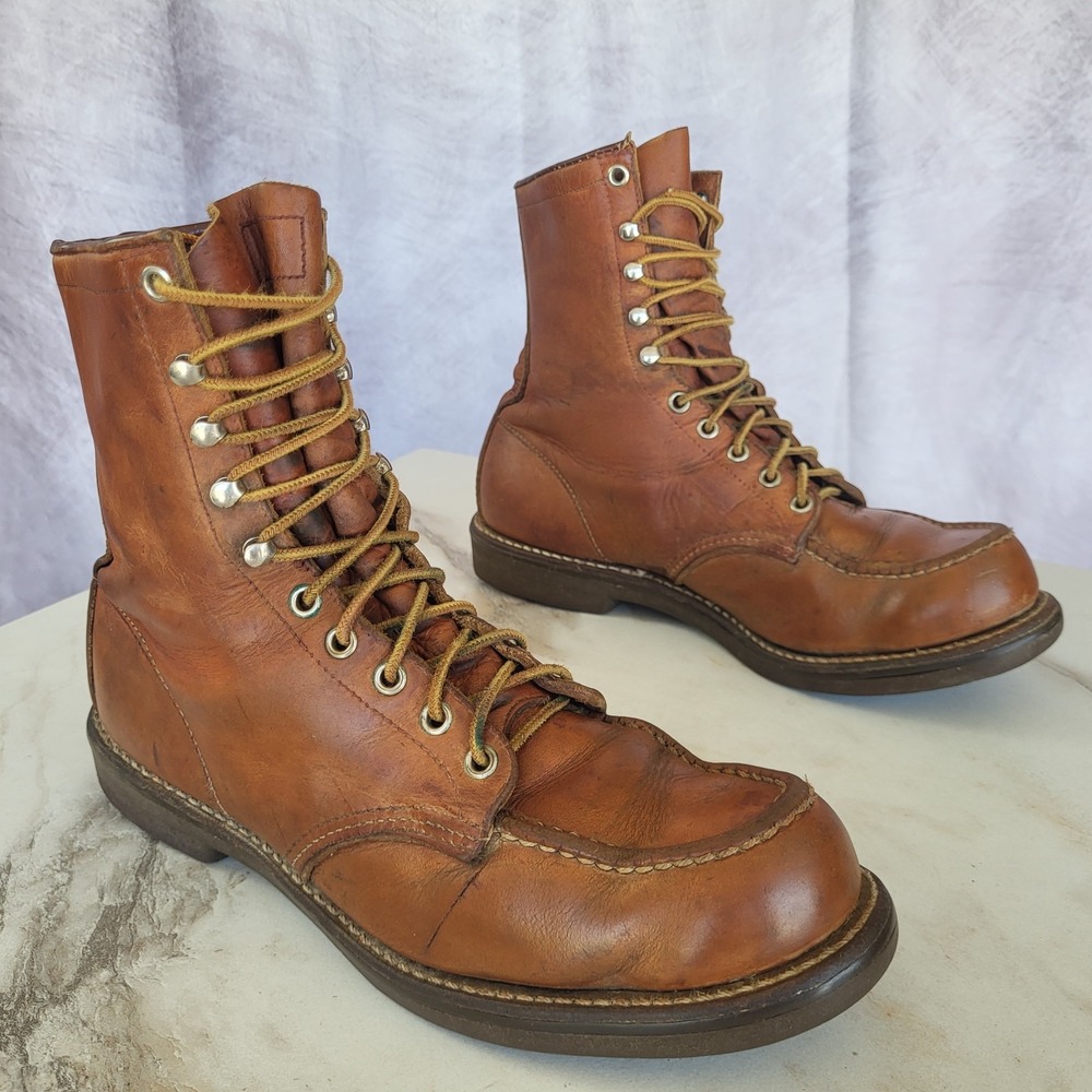 Vintage Red Wing Moc Toe Hunting Boots Size 10 A Tan Mid Calf 8" NARROW